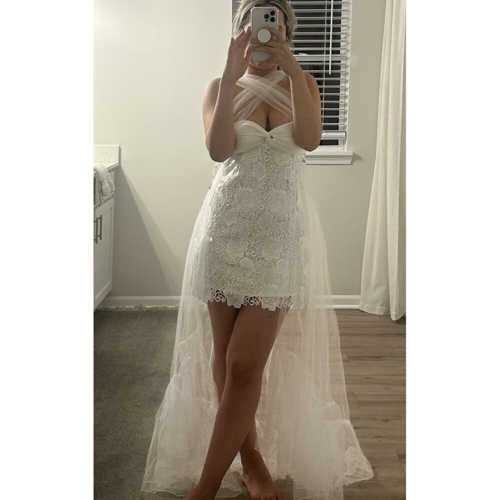 For Love & Lemons Lace Mini Dress With Tulle Overlay In White Size Small Nwt